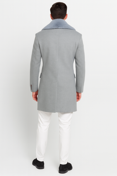 Grey Double Breasted Overcoat with Faux Fur Collar