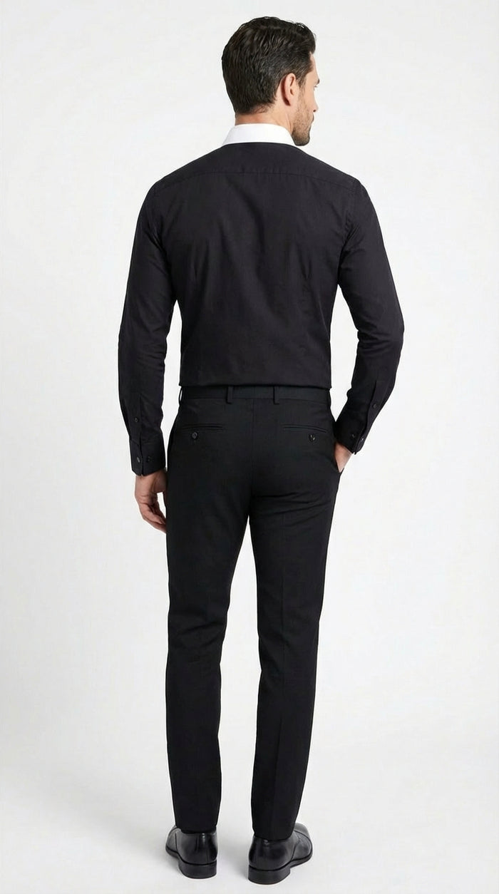 Men’s Black Dress Shirt with White Contrast Collar | French Cuff Cotton Poplin Formal Button-Up Shirt