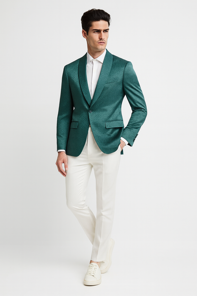 Teal Green Floral Jacquard Slim Tuxedo Blazer