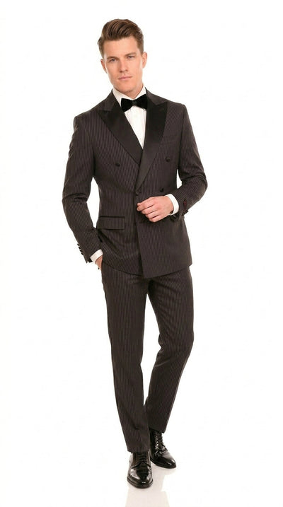 Men’s Double Breasted Suit – Classic Peak Lapel Formal Tuxedo Style Suit for Wedding in Black Ton on Tone Pinstripe