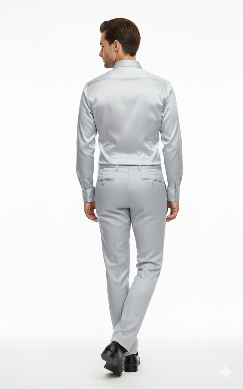 Men’s Silver Satin Dress Shirt and Pants Set – Luxury Slim Fit Outfit for Parties, Weddings, and Formal Events