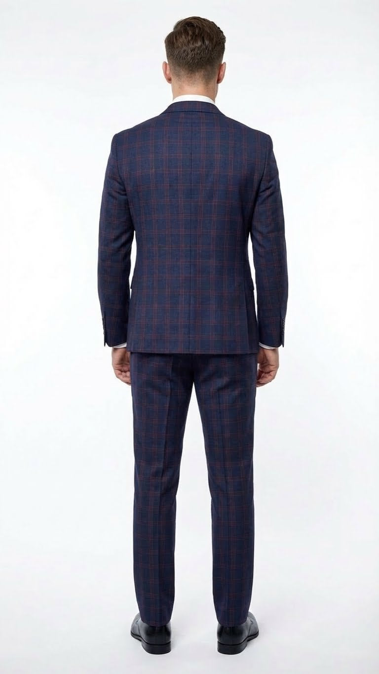Men's Navy Blue and Burgundy Checkered Two-Piece Suit Plaid Windowpane Men's Navy Blue and Burgundy Checkered Two-Piece Suit Plaid Windowpane