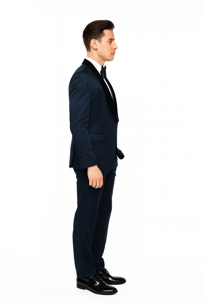 Navy Jacquard Tuxedo with Velvet Lapel - 3 Piece