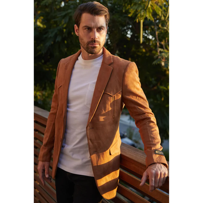 Mens Double Button Faux Suede Blazer- Camel