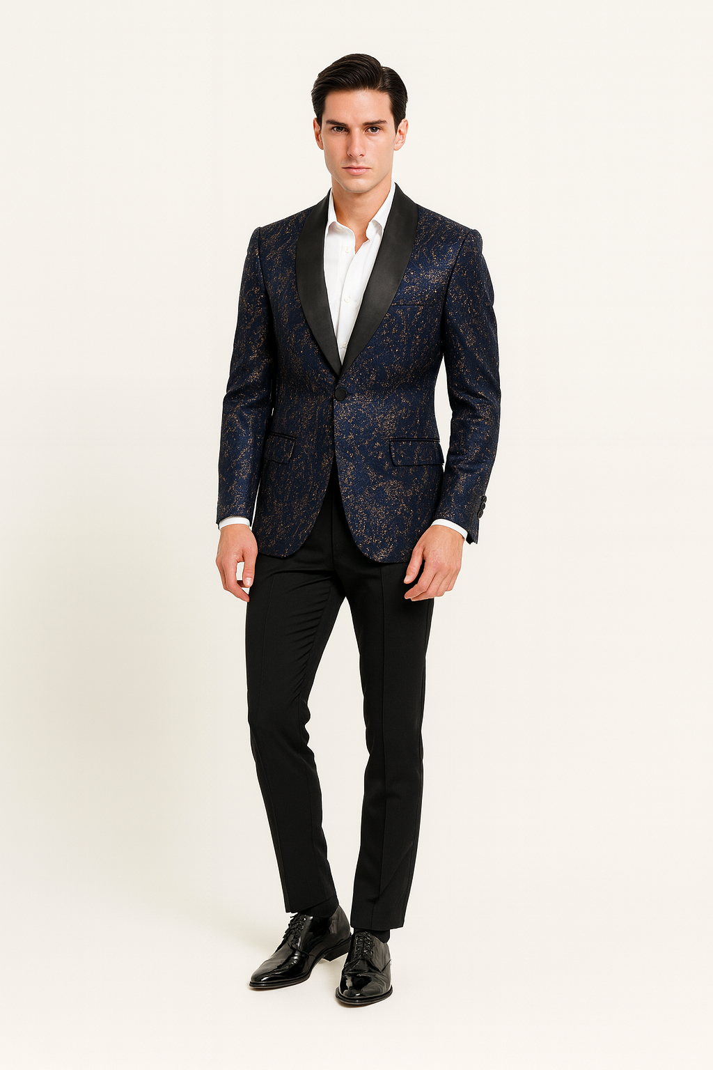 Navy Blue Sequin Tuxedo Jacket with Satin Lapel