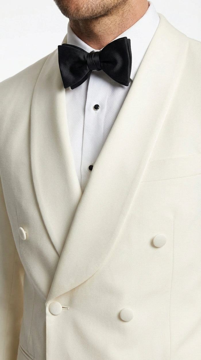 Men’s Ivory Wool Dinner Jacket – Classic Double Breasted Formal Tuxedo Jacket for Wedding and Black Tie Events