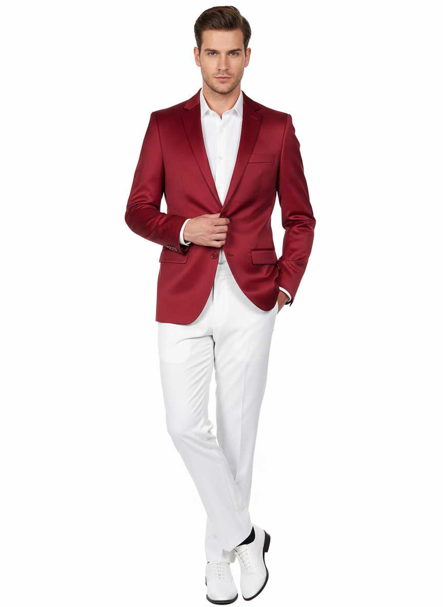Burgundy Satin Slim Fit Blazer for Men