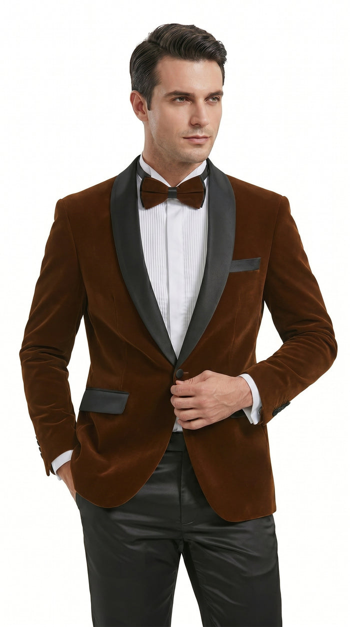 Men’s Brown Camel Bronze Velvet Tuxedo Jacket, Shawl Lapel Wedding Prom Dinner Blazer - Blazer Sportcoat