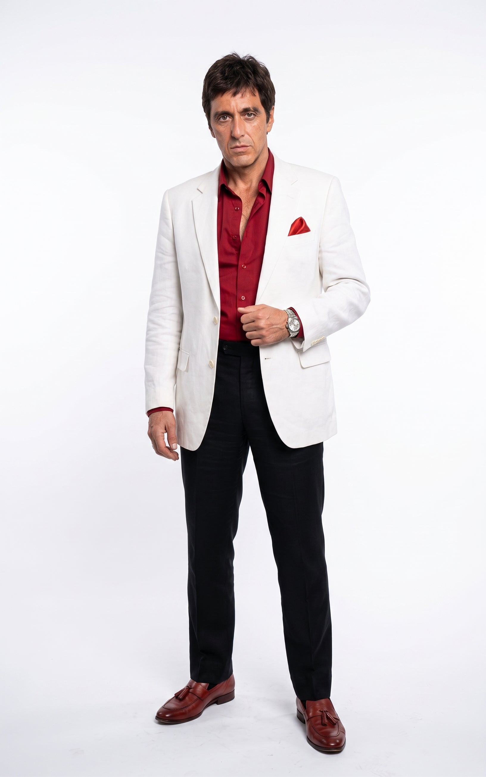 red dress shirt with black pants Tony Montana’s White Blazer – Men’s White Blazer Outfit Red Shirt and Black Trousers for Party, Wedding and Vintage Style Pink Bride Outfit For The Black Stretch Slim color_Black Purple Flower Options:Leotard Only