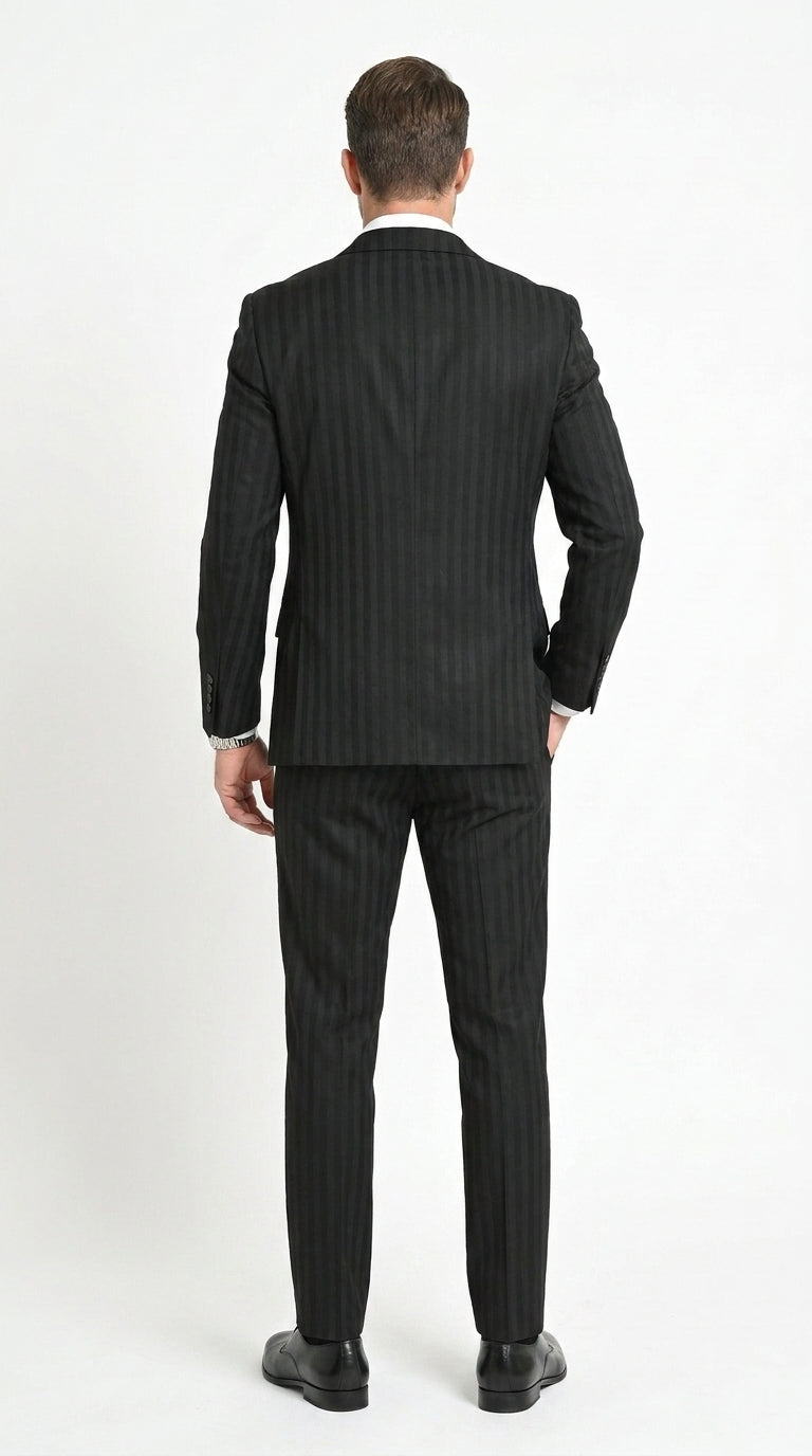 Men’s Black Tonal Shadow Pinstripe Vested Suit – 3 Piece Classic Fit Formal Wedding & Business Suit By Vitali