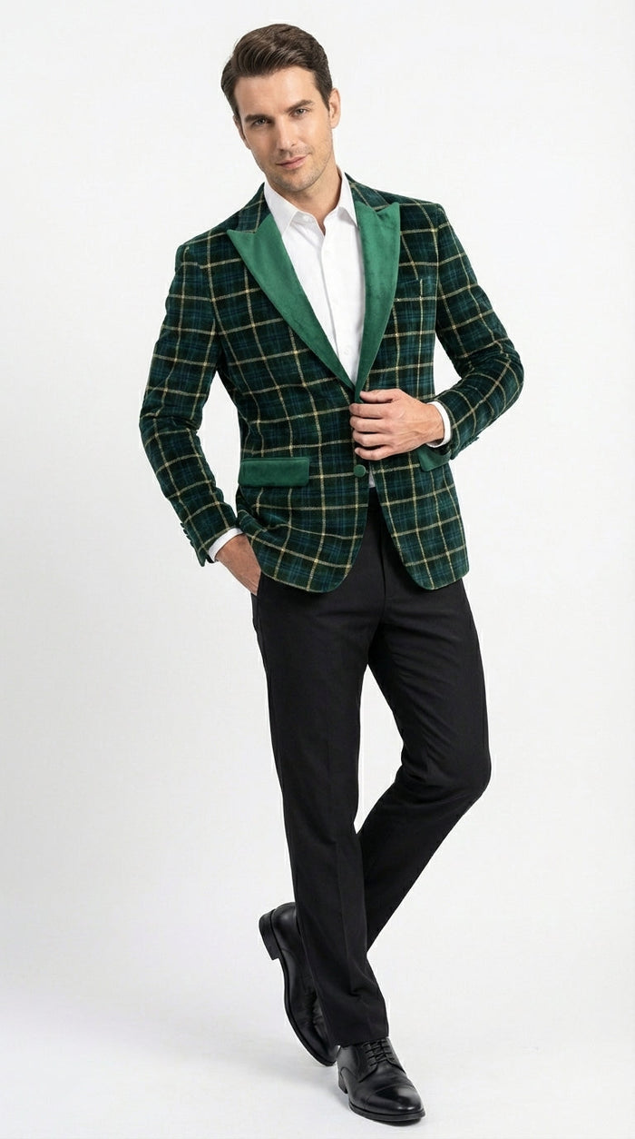 Mens Tartan Green and Gold Check Blazer – Windowpane Plaid Sport Coat Velvet Lapel Plaid Christmas Holiday New Year Jacket