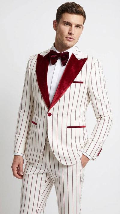 Men’s White and Dark Red Pinstripe Tuxedo with Velvet Shawl Lapel – Formal Dinner Blazer Prom Christmas New Year Holiday Suit