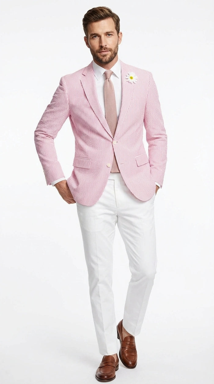 Mens Pink Seersucker Blazer – Lightweight Striped Summer Sport Coat Casual Smart Formal Jacket