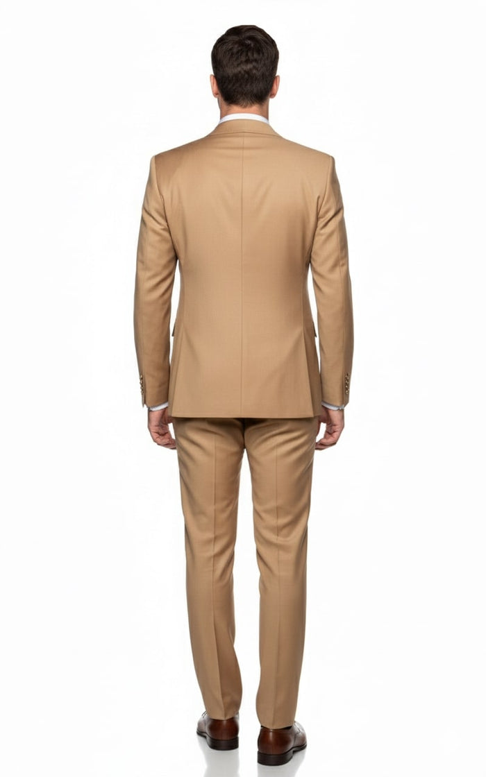 Mens Camel - Bronze - Goldish khaki Double-Breasted Suit – Luxury 2-Piece Formal Set with Gold Buttons and Peak Lapels by Rossi Man