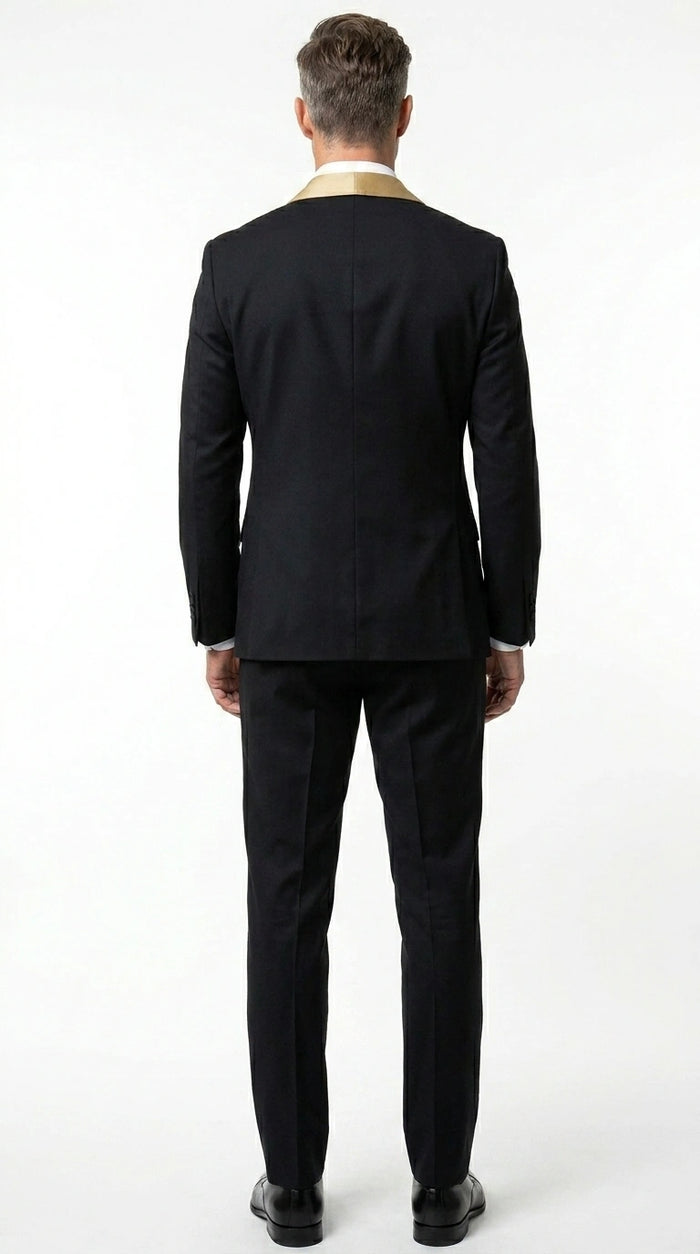 Men’s Black Suit with Gold Lapel – Luxury Formal Tuxedo Style Suit for Wedding, Prom, Party and Evening Wear