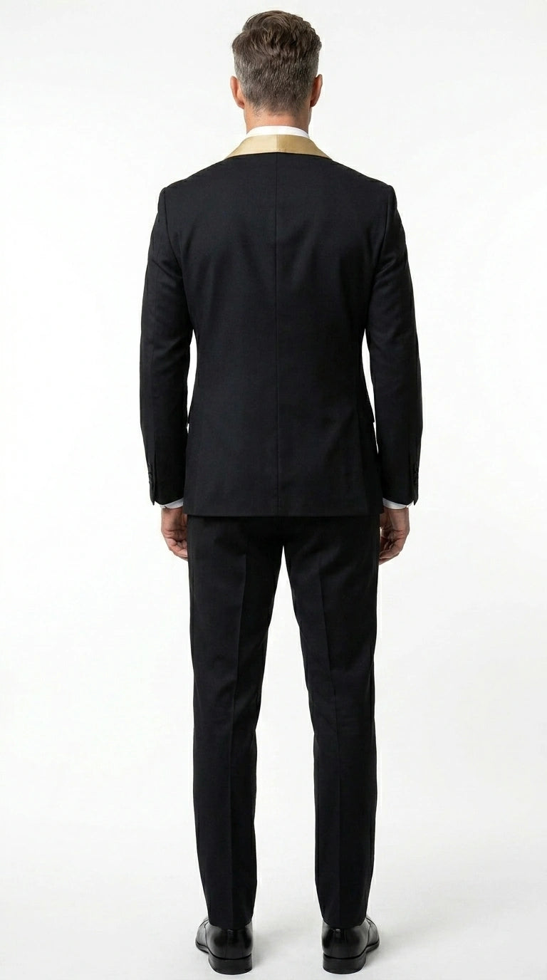 Men’s Black Suit with Gold Lapel – Luxury Formal Tuxedo Style Suit for Wedding, Prom, Party and Evening Wear