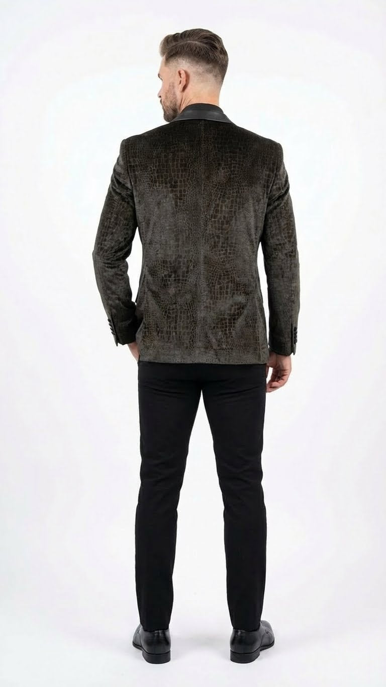 Men’s Crocodile Alligator Exotic skin Texture Blazer – Slim Fit Designer Jacket with Satin Lapels for Formal and Party Wear in Black Color
