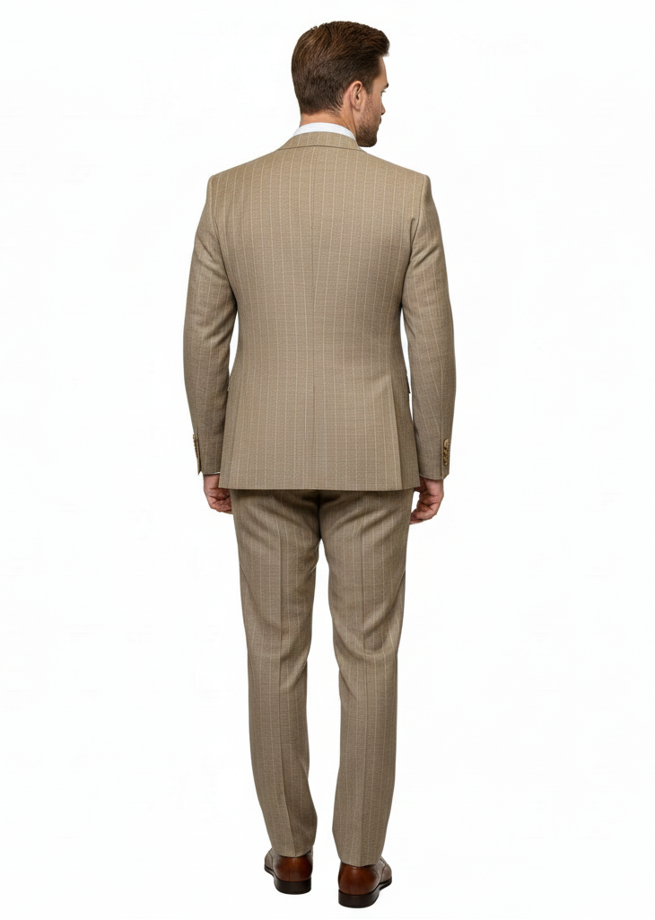 Men’s Beige Pinstripe Three-Piece Suit – Classic Fit Formal Suit with Vest and Flat-Front Pants in Tan Stripe By Rossiman