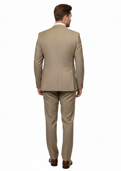 Men’s Beige Pinstripe Three-Piece Suit – Classic Fit Formal Suit with Vest and Flat-Front Pants in Tan Stripe By Rossiman