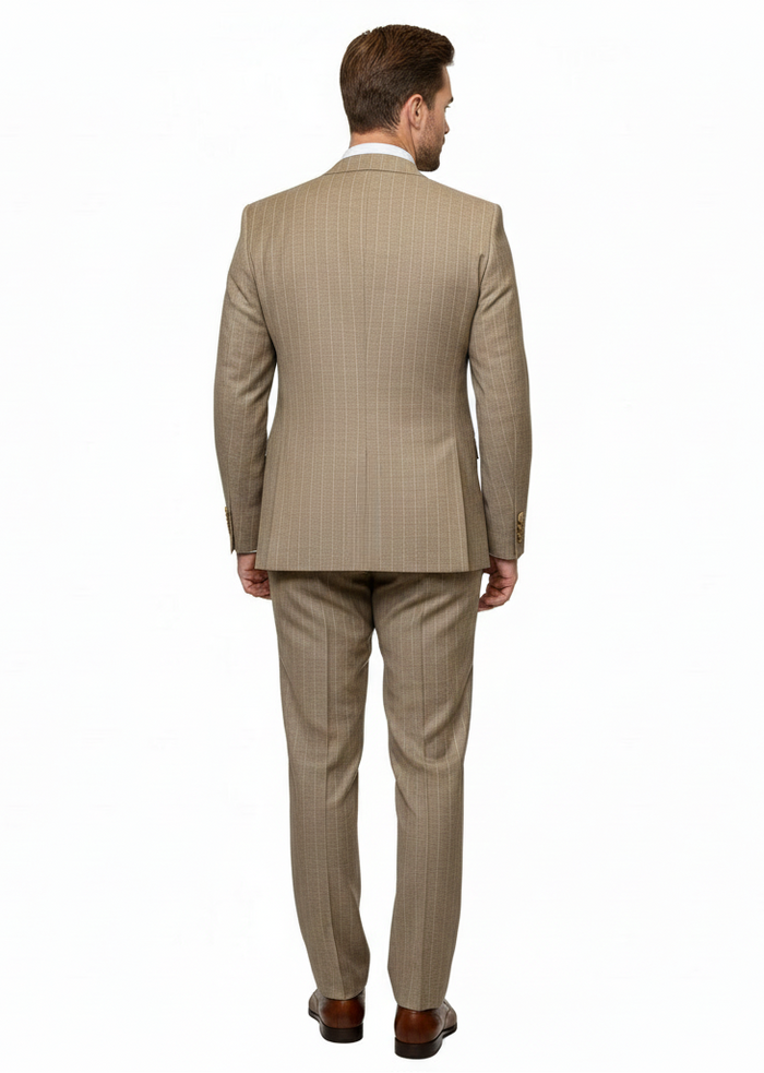 Men’s Beige Pinstripe Three-Piece Suit – Classic Fit Formal Suit with Vest and Flat-Front Pants in Tan Stripe By Rossiman