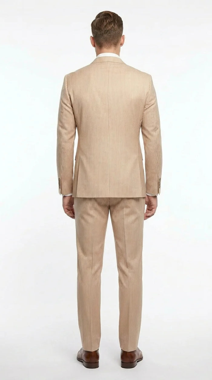 Vitali Men’s Tone on Tone Beige Pinstripe 2 Piece Suit, Double Breasted Summer Dress Suit for Weddings, Tan Beige Shadow Pinstripe