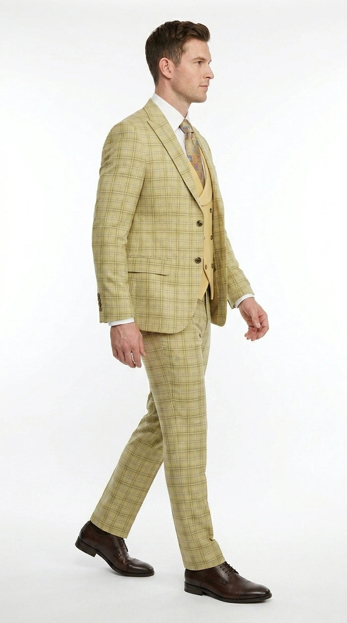 Vitali Men’s Sage Beige Tan Plaid 3 Piece Suit, Check Pattern Formal Dress Suit for Weddings, Prom, Business Events, Modern Fit Light Yellow Color