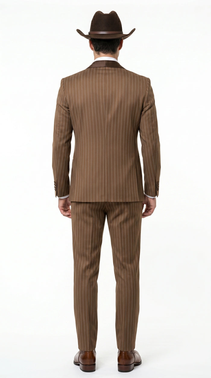 Men’s Brown Pinstripe Western Cowboy Tuxedo, Contrast Shawl Lapel Formal Suit for Weddings, Prom, Parties, and Special Occasions
