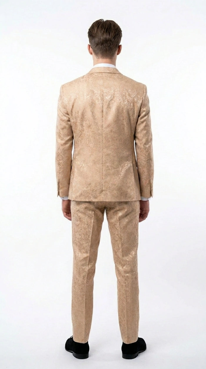 Men’s Champagne Gold Paisley Prom Tuxedo, Formal Dinner Suit for Prom, Weddings, Parties in Tan Color
