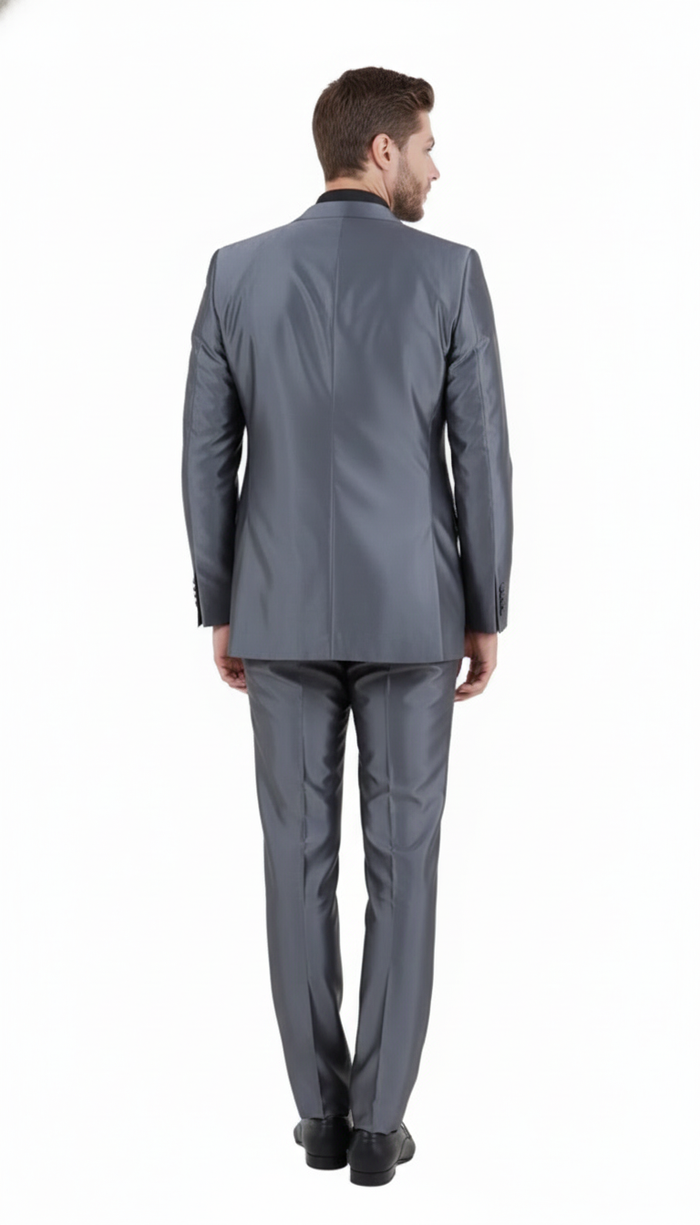 Men’s Dark Grey Shiny Two-Piece Suit – Slim Fitted Formal Jacket and Tailored Pants - Sateen Metalic in Charcoal Gray Color
