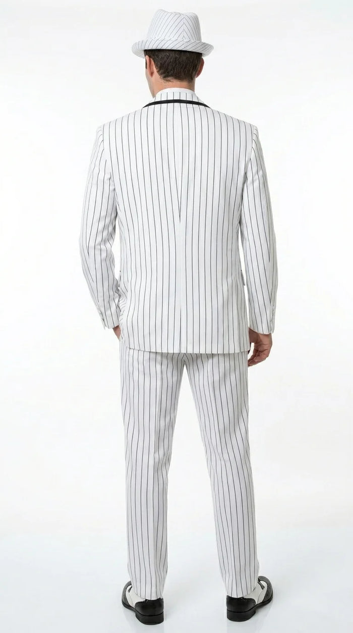 Men’s White Pinstripe 1920s Gangster 3 Piece Suit, Black Contrast Formal Costume Suit for Parties, Prom, Weddings, and Theme Events