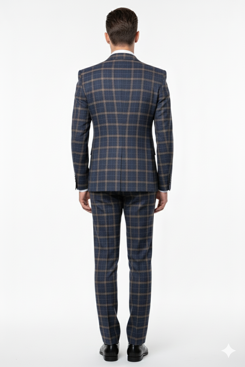 Men’s Navy and Tan Windowpane Double-Breasted Suit | Classic 2-Piece Plaid Dress Suit, Business, and Formal Events By Rossiman