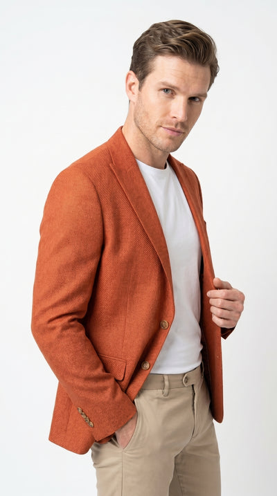 Mens Terri Papaya Sport Coat Blazer Weave Texture Pattern , Orange Coral Dress Jacket Rust Copper Bricke Color