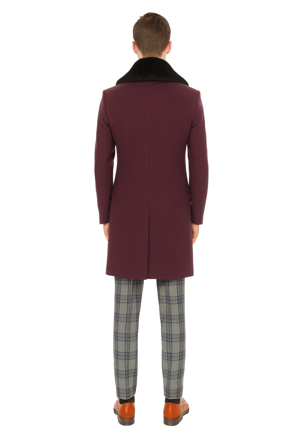 Mens Purple Wool Overcoat with Black Faux Fur Collar – Luxury Winter Dress Coats for Formal and Casual Wears Purple / Coat Size 56
