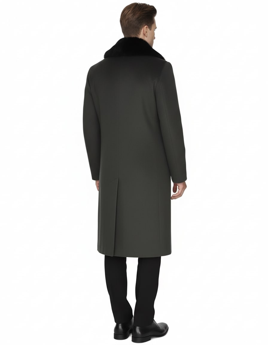 Men’s Olive Overcoat with Black Fur Collar