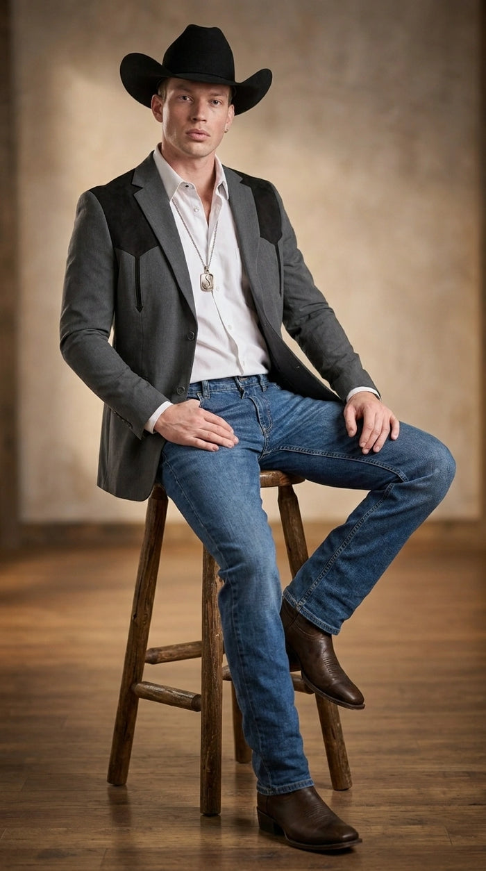 Men’s Dark Charcoal Western Blazer with Black Suede Yokes, Cowboy Sport Coat for Ranch Wedding and Country Events By Platini