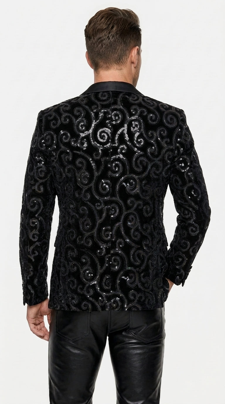 Men’s Black Velvet Sequin Swirl Dinner Jacket – Blazer Paisley Sparkly