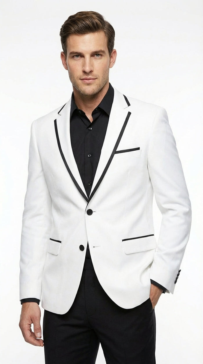 Men’s White Disco Blazer 70s Era Costume Jacket – Black Trim Retro Party Blazer, Vintage Dance Outfit, Stylish Evening Themed Wear