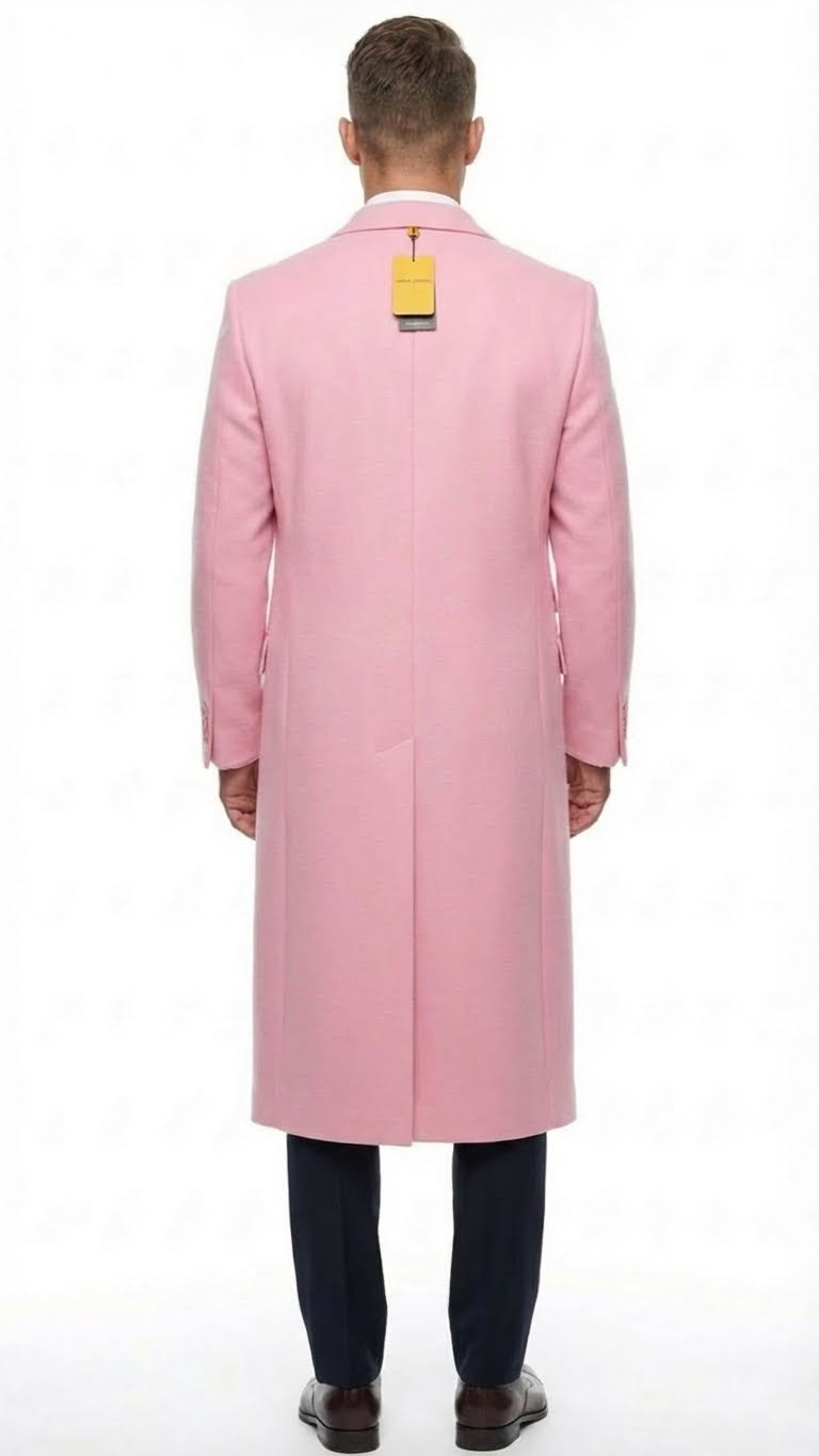 Men’s Pink Wool Blend Long Overcoat – Slim Fit Tailored Winter Coat - Carcoat - Topcoat