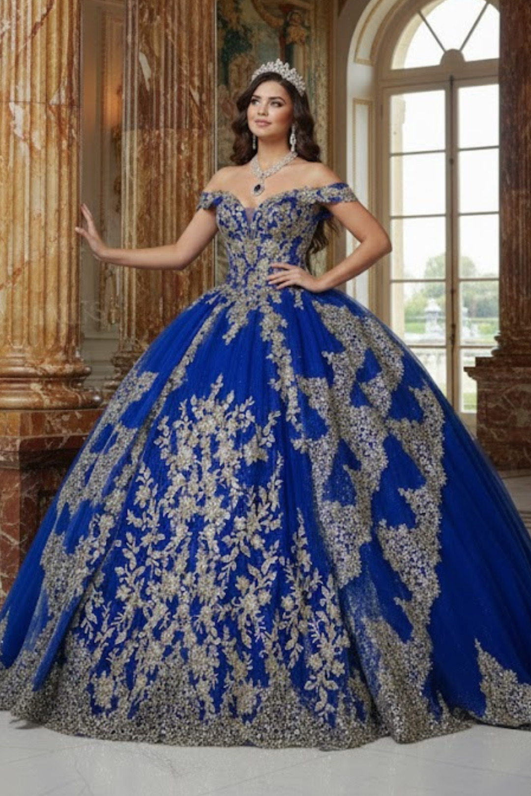 Applique Off Shoulder Quinceanera Dress Corset Ball Gown with Train by Bella Princess PQ1055