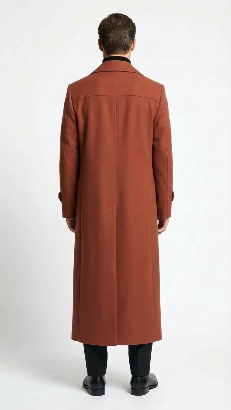 Men’s Full-Length Cognac Overcoat – Premium Wool-Blend Long Dress Coat for Winter and Formal Wear in Rust Brick Color Rust Brick / Coat Size 46