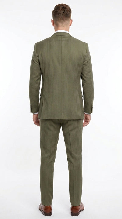 Men’s Olive Green Tone-on-Tone Shadow Pinstripe  3 Piece Suit – Modern Formal Suit with Vest Shadow Stripe