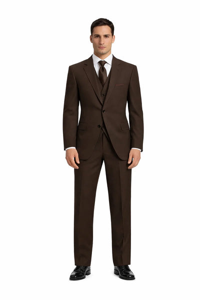 2 Button Solid Brown Vested Suit
