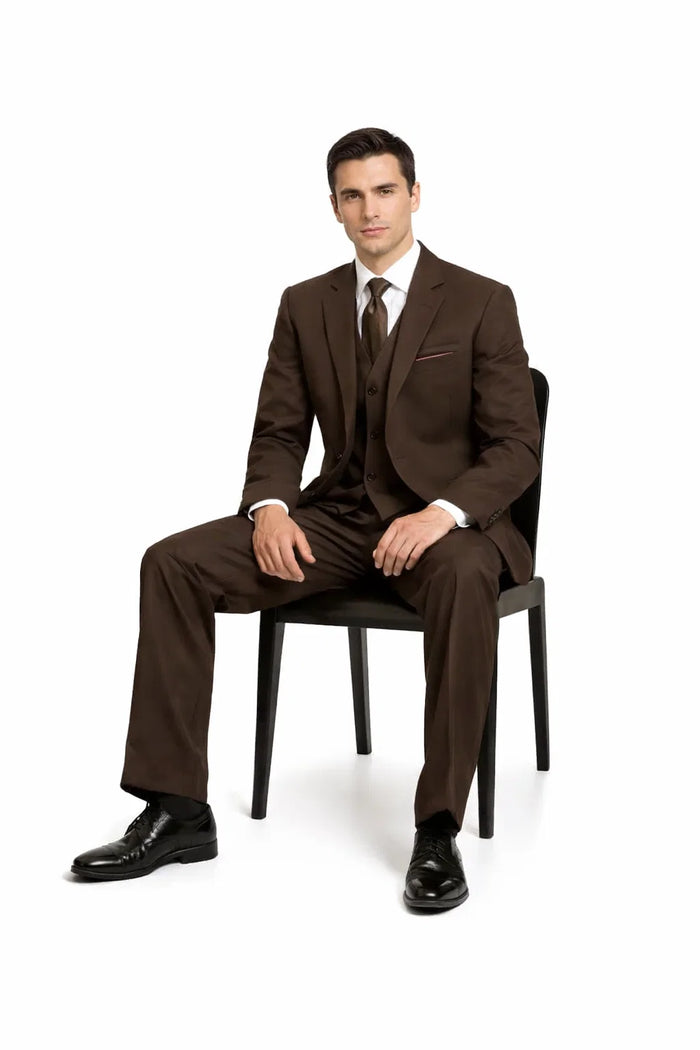 2 Button Solid Brown Vested Suit
