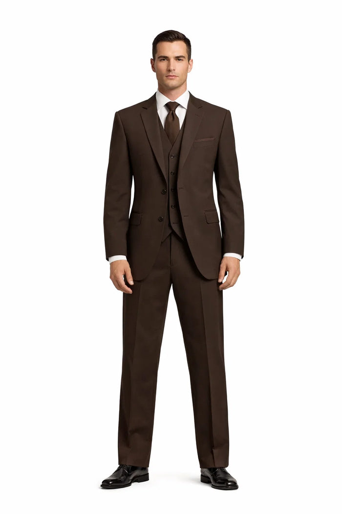 2 Button Solid Brown Vested Suit