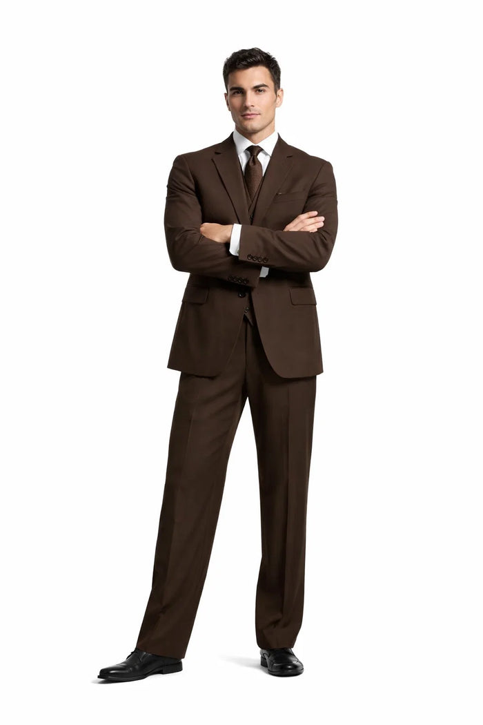2 Button Solid Brown Vested Suit