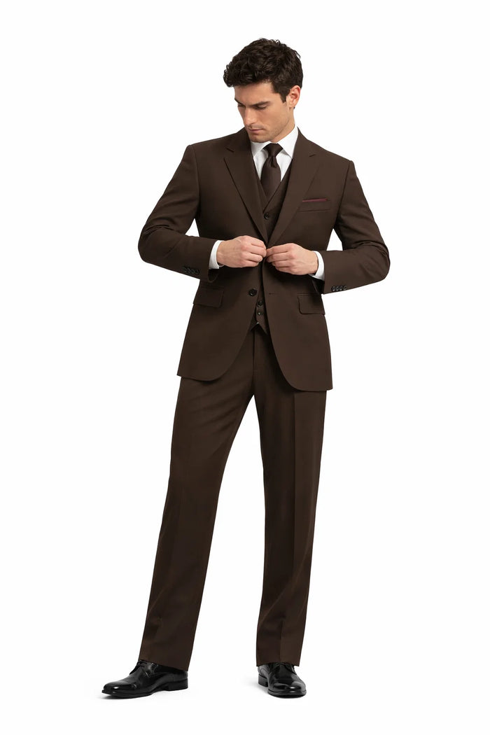 2 Button Solid Brown Vested Suit