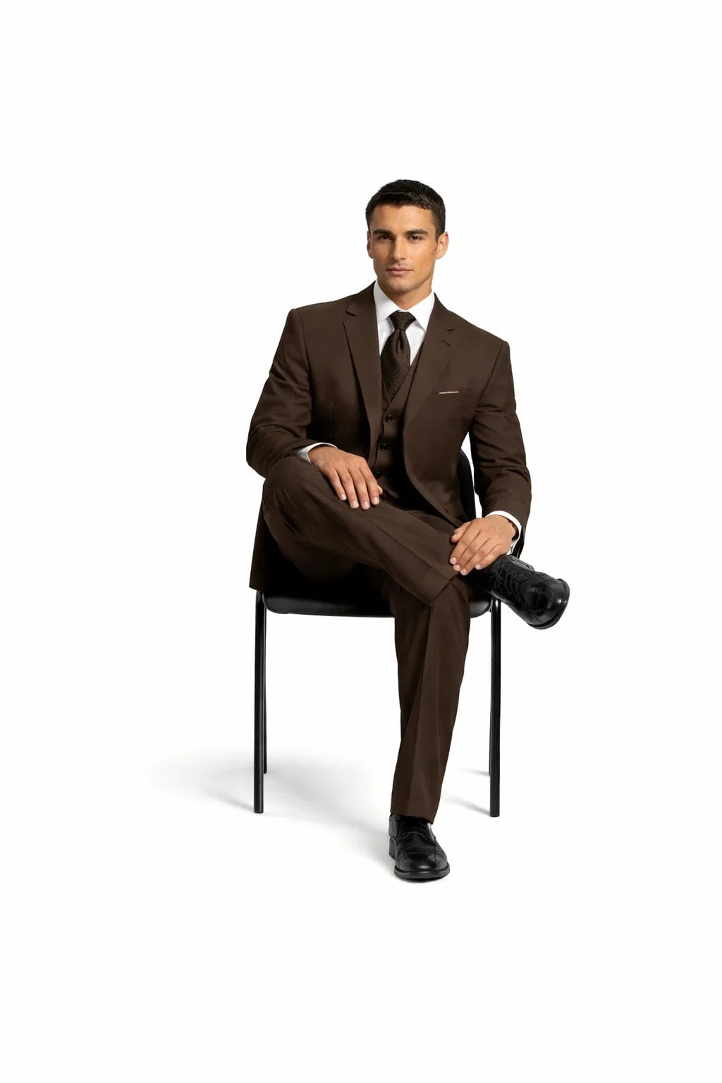 2 Button Solid Brown Vested Suit