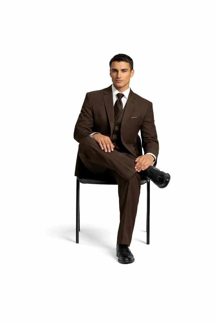 2 Button Solid Brown Vested Suit
