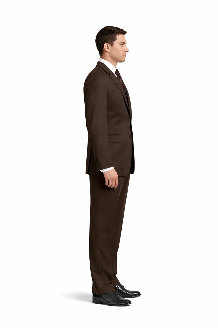2 Button Solid Brown Vested Suit