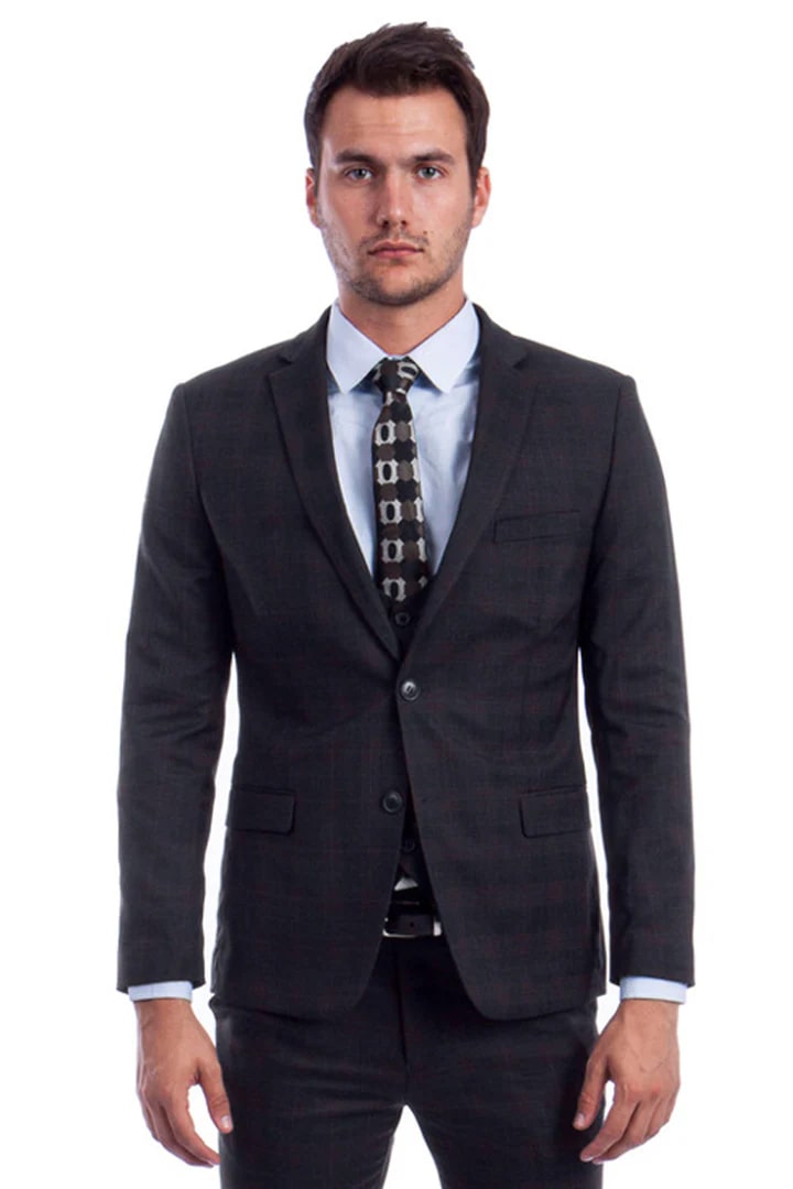 Skinny Fit Black Plaid Two Button Vested Suit